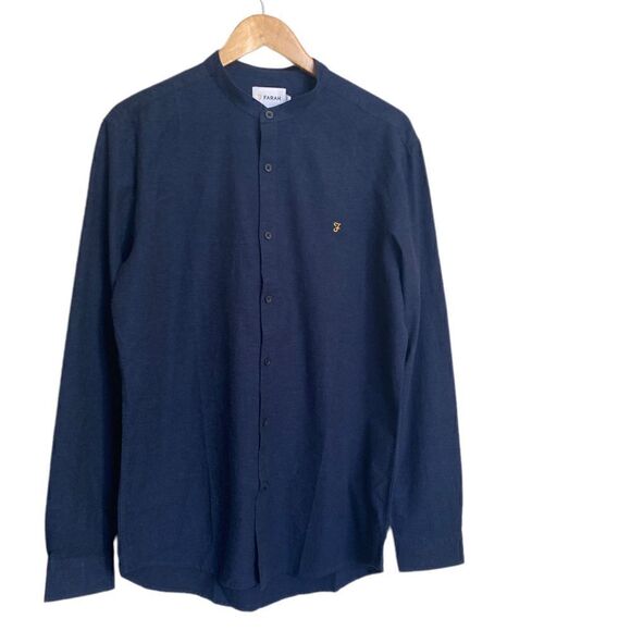 Farah Silm Fit Button Down Granddad Collar Dress Shirt Navy Blue Size Large NWT - Picture 1 of 7